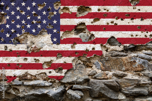 Concept of the Political Situation in the United States of America with a damaged painted flag on a cracked wall with wholes. 3D-Illustration. 3D-rendering