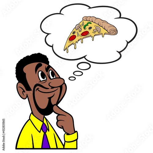 Man thinking about a Slice of Pizza - A cartoon illustration of a man thinking about a Slice of Pizza.