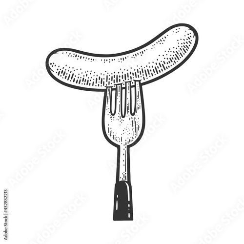 sausage on a fork sketch engraving vector illustration. T-shirt apparel print design. Scratch board imitation. Black and white hand drawn image.