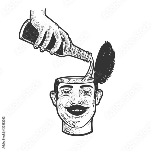 beer is poured into the head of a joyful man sketch engraving vector illustration. T-shirt apparel print design. Scratch board imitation. Black and white hand drawn image.