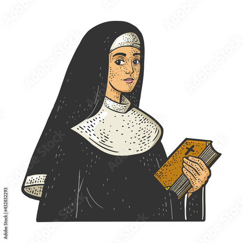 Christian sister nun monk color sketch engraving vector illustration. T-shirt apparel print design. Scratch board imitation. Black and white hand drawn image.
