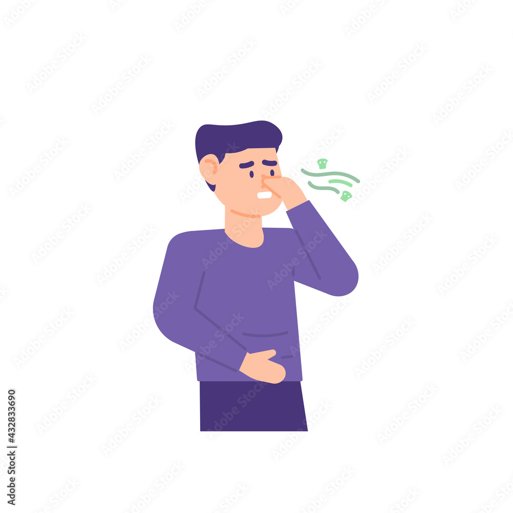 illustration of a man squeezing his nose with his hand so as not to smell a bad smell. protect the nose. bad breath. flat style. vector design illustration of a man squeezing his nose with his hand so as not to smell a bad smell. protect the nose. bad breath. flat style. vector design
