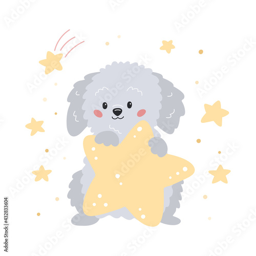 Cute cartoon puppy with star. Hand drawn labradoodle dog. Vector illustration for children poster print, nursery, greeting card and sticker.