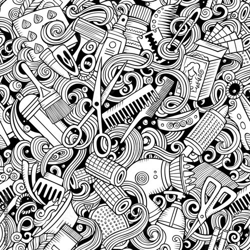 Hair Salon hand drawn doodles seamless pattern. Hairstyle background.