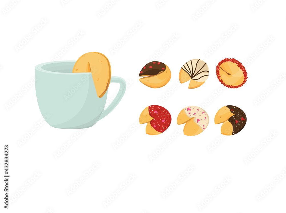 Chinese fortune cookies on a white background. Set cartoon. Mug with cookies. Pink, red, chocolate. Vector illustration. Isolated objects
