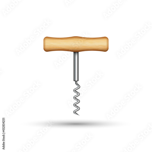 Hand corkscrew with wooden handle 3d vector illustration, kitchen utensils item, wine bottle cork extractor isolated on white background.