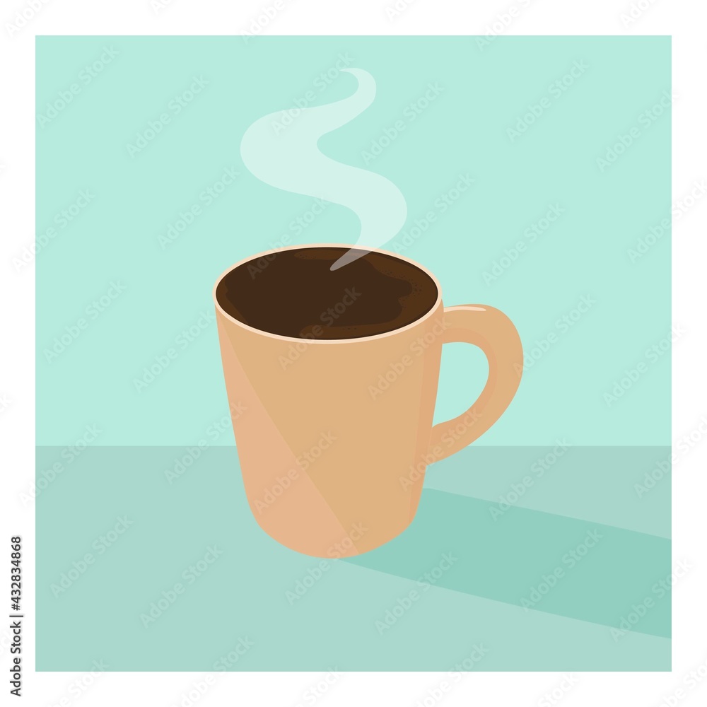 A poster with a cup of black coffee. A postcard with a coffee mug on a blue background. Vector illustration. A poster with a cup of black coffee. A postcard with a coffee mug on a blue background. Vector illustration.