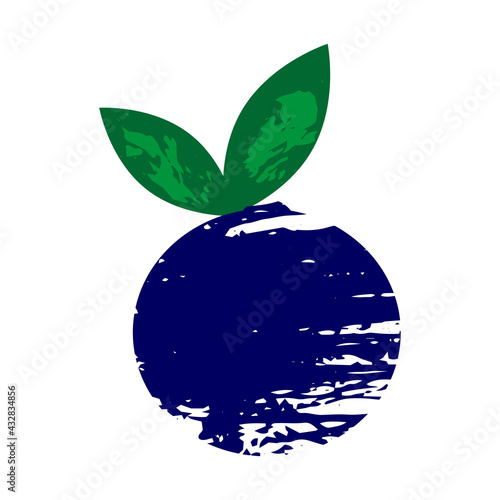 Textured blueberry element in modern style on white background.  Isolated stock vector illustration. Simple blue berry with green leaves.