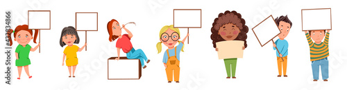 Children hold signs with text. Empty space for entries.