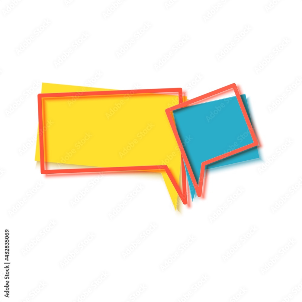 Two speech bubbles and red frames in flat. Memphis style banner with abstract geometric shapes. Colorful sticker with place for promotion text, price tag, sale ad. Papercut badge, vector illustration Two speech bubbles and red frames in flat. Memphis style banner with abstract geometric shapes. Colorful sticker with place for promotion text, price tag, sale ad. Papercut badge, vector illustration