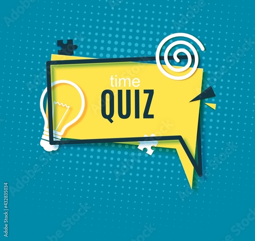 Quiz time speech bubble in paper cut style. Trivia show blue sticker in memphis retro style. 80s 90s banner with yellow bulb sign and puzzle shape. Papercut label. Vector card illustration.