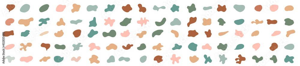 Shape, stain, blot, stone and drops. Vector elements of liquid shapes, dynamic shapes. Multicolored random abstract shapes of spots, drops.