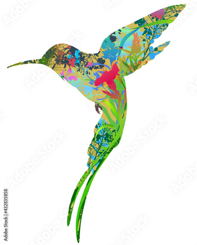 The stylized image of a hummingbird bird. Inside there are bright flowers and insects. Vector illustration, isolated object 