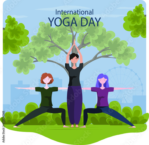 21 june international yoga day, flat cartoon young women yoga body posture outdoor