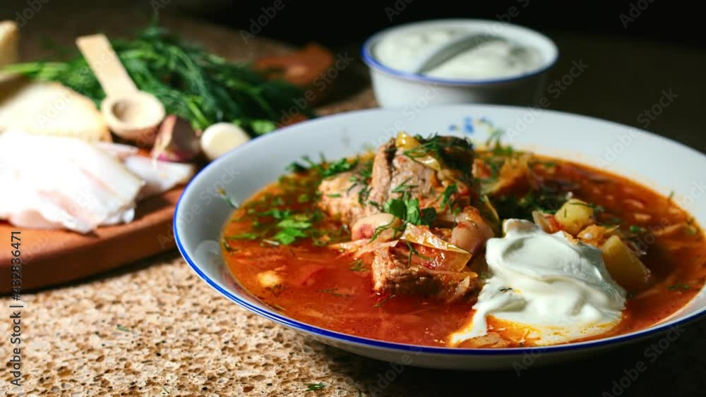 national Ukrainian dish borscht, presentation, play with light. 120 fps national Ukrainian dish borscht, presentation, play with light. 120 fps