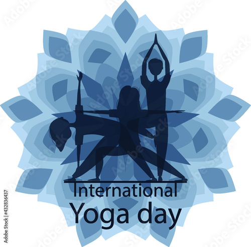 21 june international yoga day, young people doing yoga asana. Flat silhouette style poster or banner with monochrome mandala pastel colors background