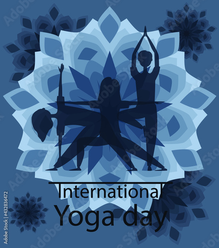 21 june international yoga day, young people doing yoga asana. Flat silhouette style poster or banner with monochrome mandala dark background
