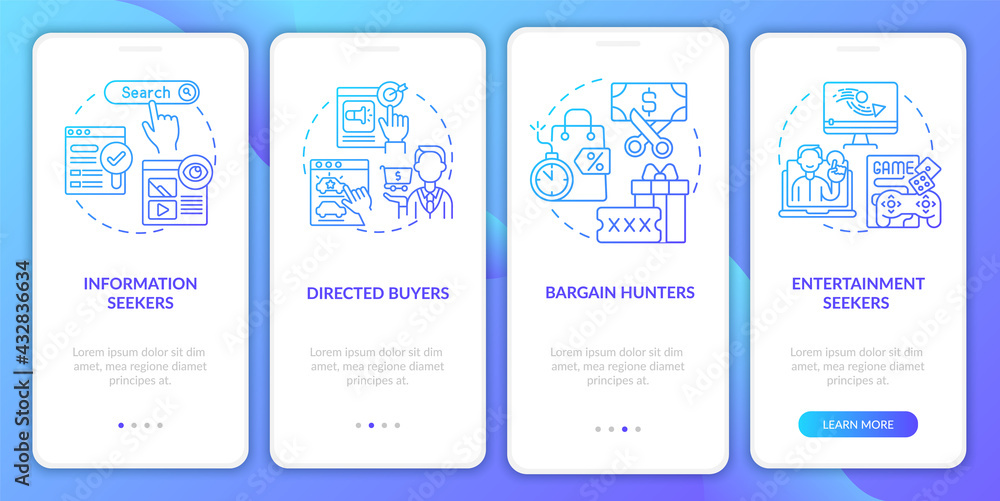 Internet customer behavior onboarding mobile app page screen with concepts. Entertainment seekers walkthrough 4 steps graphic instructions. UI, UX, GUI vector template with linear color illustrations