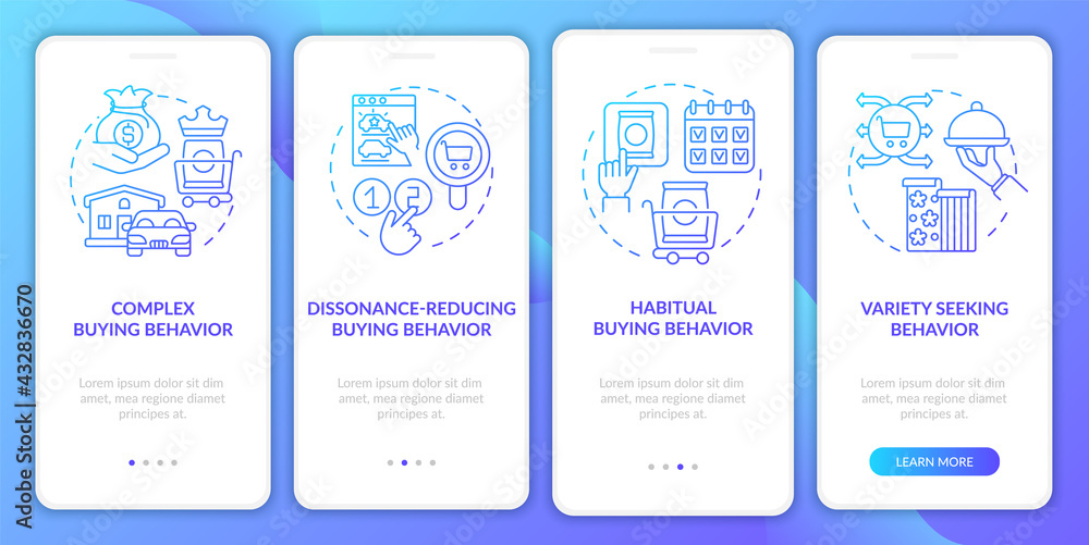 Customer behavior types onboarding mobile app page screen with concepts. Dissonance reduction walkthrough 4 steps graphic instructions. UI, UX, GUI vector template with linear color illustrations
