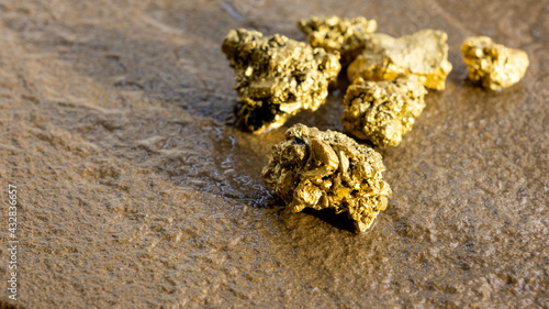 A chunk of pure gold from the mine that was unearthed was placed on the rocky ground