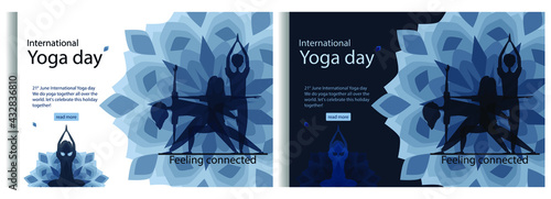 21 june international yoga day, young women doing yoga asana. Flat silhouette style poster or banner with monochrome mandala background. Concept landing page, web page design for website, template