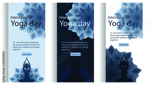 Young women meditation 21 june international yoga day. Web page template of yoga school, studio. Modern flat silhouette design concept web page design for website and mobile website, mobile interface