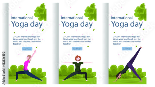 Young women training yoga and meditation outdoor yoga day. Web page template of yoga school, studio. Modern flat design concept web page design for website and mobile website, mobile interface, UI 