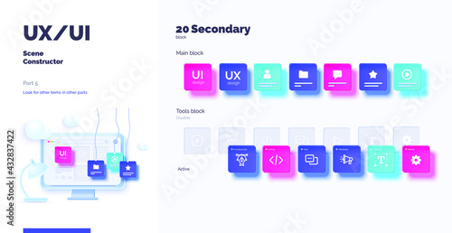 3d toolkit-UI UX scene creator. Part 3 Application design. Smartphone and desktop mockup with active blocks and connections. Creation of the user interface. Modern vector illustration 3d style
