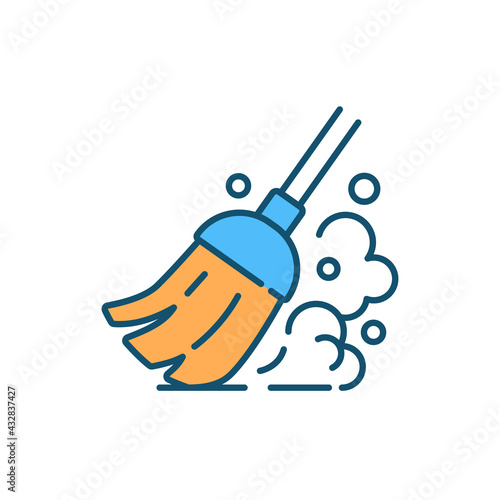 Cleaning at home RGB color icon. House chores. Sweeping. Household clean-up. Clearing space, collecting dirt with brush, broom. Hiring house cleaning service. Isolated vector illustration
