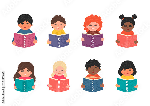 Cute children read book. Education, library, studying, school vector illustration