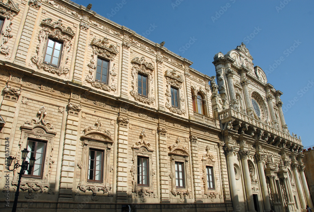 architectural details of the Basilica of Santa Croce, wonderful baroque church in the historic center of Lecce in Salento in Puglia.