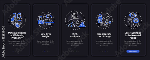 Hereditary hypoacusis onboarding mobile app page screen with concepts. Ototoxic drugs usage walkthrough 5 steps graphic instructions. UI, UX, GUI vector template with linear night mode illustrations