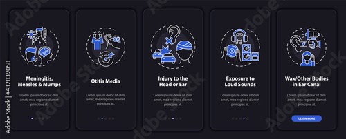 Developed hypoacusis onboarding mobile app page screen with concepts. Injury to head and ear walkthrough 5 steps graphic instructions. UI, UX, GUI vector template with linear night mode illustrations