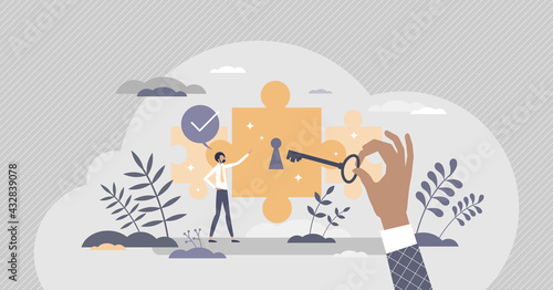 Potential achievement and open unrealized power or talent tiny person concept. Scene with horizon expanding with unlocking key and professional ability growth vector illustration. Unleash career goal.