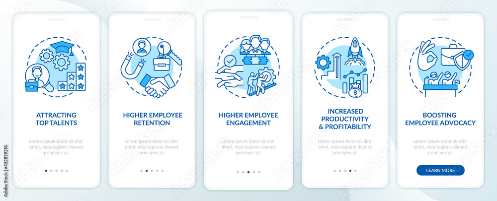 Corporate culture benefits onboarding mobile app page screen with concepts. Top talents, retention walkthrough 5 steps graphic instructions. UI, UX, GUI vector template with linear color illustrations