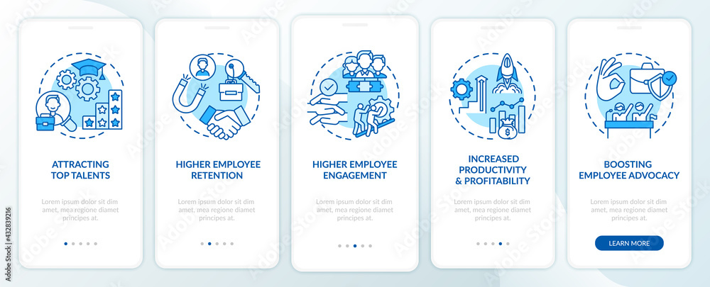 Fototapeta premium Corporate culture benefits onboarding mobile app page screen with concepts. Top talents, retention walkthrough 5 steps graphic instructions. UI, UX, GUI vector template with linear color illustrations