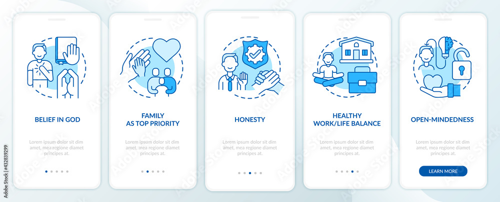 Personal morals onboarding mobile app page screen with concepts. Faith, trustworthiness walkthrough 5 steps graphic instructions. UI, UX, GUI vector template with linear color illustrations