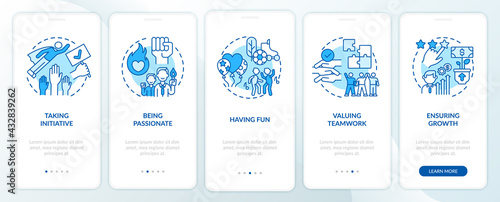 Main company core values onboarding mobile app page screen with concepts. Enthusiasm, passion walkthrough 5 steps graphic instructions. UI, UX, GUI vector template with linear color illustrations