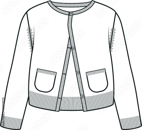 Cardigan fashion flat sketch. Technical drawing of cardigan for girls