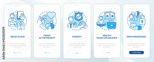 Personal morals onboarding mobile app page screen with concepts. Faith, trustworthiness walkthrough 5 steps graphic instructions. UI, UX, GUI vector template with linear color illustrations