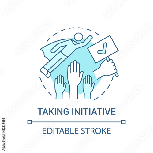 Taking initiative concept icon. Basic corporate core value idea thin line illustration. New and creative approaches. Self-promotion. Vector isolated outline RGB color drawing. Editable stroke