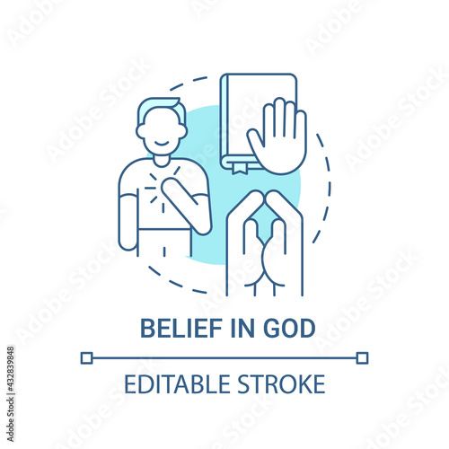 Belief in God concept icon. Personal value idea thin line illustration. Building spiritual relations with universe creator. Christian value. Vector isolated outline RGB color drawing. Editable stroke