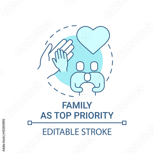 Family as top priority concept icon. Personal value idea thin line illustration. Parents, siblings. Showing respect, love. Family functions. Vector isolated outline RGB color drawing. Editable stroke