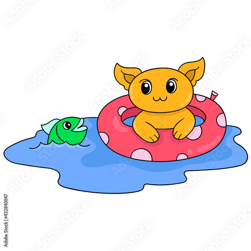cat is on vacation in summer swimming with air tires, doodle icon image kawaii