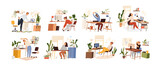 Set of different people practicing workout at workplace the table with a computer. Vector isolated. Collection of various employees doing warm up at office. Man and woman stretching by taking a break.