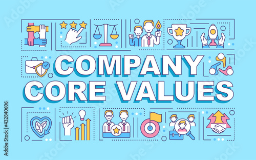 Company core values word concepts banner. Building trust in workplace. Infographics with linear icons on turquoise background. Isolated typography. Vector outline RGB color illustration