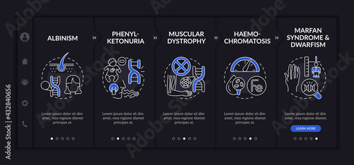 Different genetic disorders onboarding vector template. Responsive mobile website with icons. Web page walkthrough 5 step screens. Healthcare dark theme concept with linear illustrations