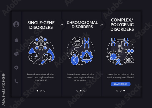Different genetic disorders onboarding vector template. Responsive mobile website with icons. Web page walkthrough 3 step screens. Hereditary illness dark theme concept with linear illustrations