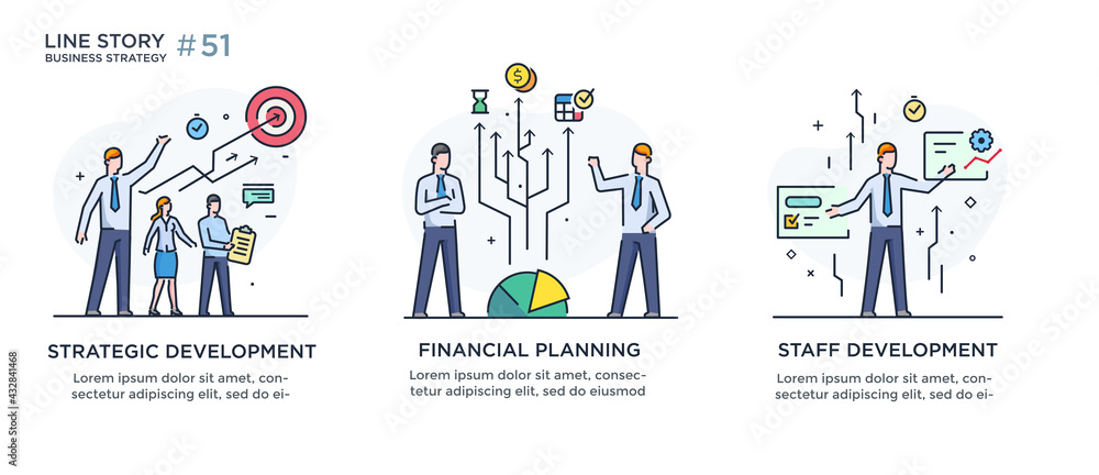 Set of illustrations concept with businessmen. Workflow, growth, graphics. Business development, milestones. linear illustration Icons infographics. Landing page site print poster Set of illustrations concept with businessmen. Workflow, growth, graphics. Business development, milestones. linear illustration Icons infographics. Landing page site print poster
