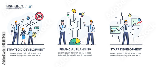Set of illustrations concept with businessmen. Workflow, growth, graphics. Business development, milestones. linear illustration Icons infographics. Landing page site print poster